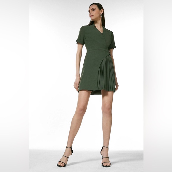 Karen Millen Tailored Military Pleat Notch Neck Wrap Mini Dress in “Khaki” - Picture 5 of 8